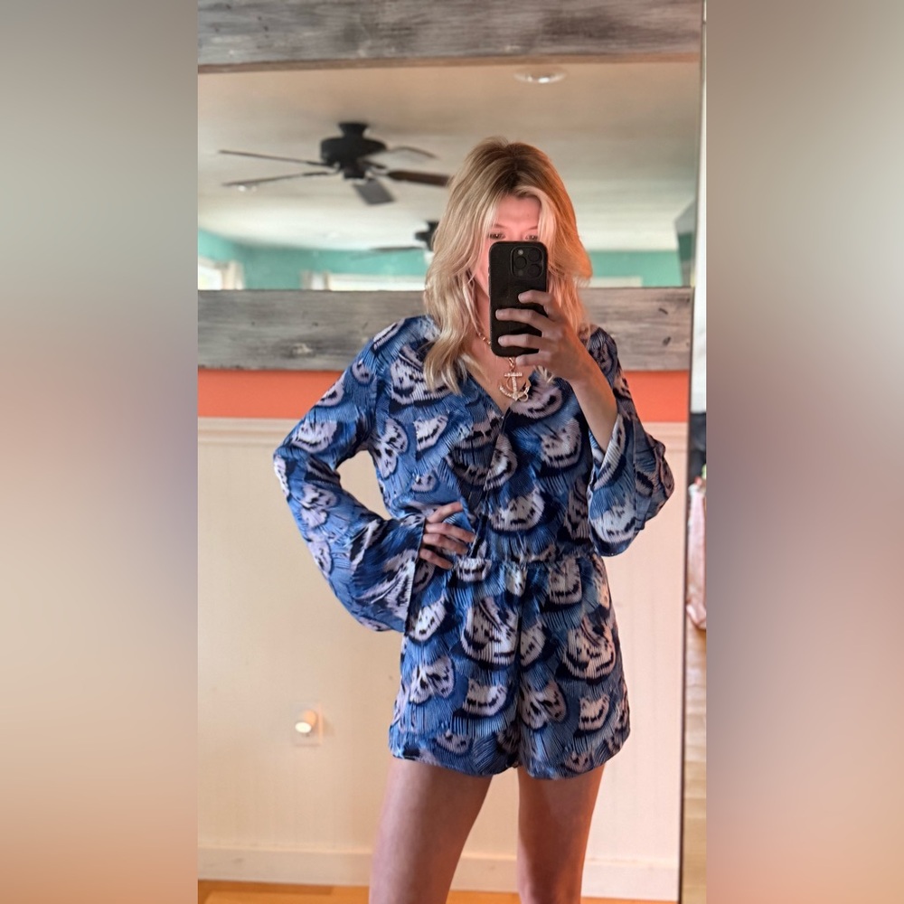 BuddyLove Blue Printed Romper Size Small Long Sleeve Boho Festival Playsuit